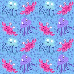 Summer animals print seamless cartoon crabs and jellyfish pattern for wrapping