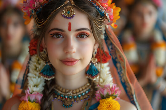 Indian young woman in traditional Hindu outfit, with Bindi dot on forehead and flowers garlands, smile at Ekadashi celebration ceremony. Indian holiday concept