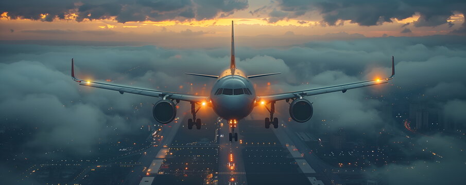 Shiny metallic passenger plane flies through clouds over city at sunset. Banner, plane, front view. Aviation concept
