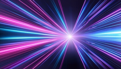 3d Render, Blue purple light line through dark background, hyper speed warp in space.