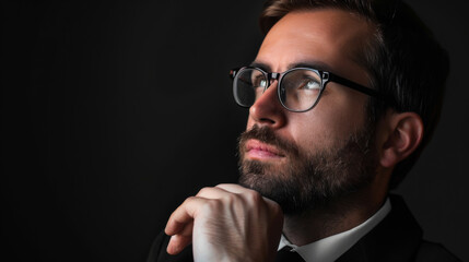 Close-up of a pensive man in glasses on a dark background. Young man posing indoors.