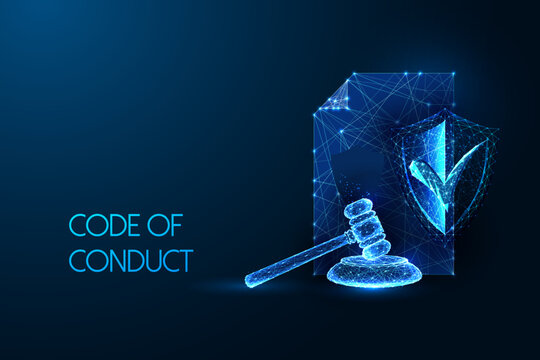 Futuristic code of conduct, corporate govenrnace concept with document, gavel, and shield