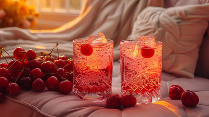 Cherry vodka and tonic cocktail with ice in stylish glasses