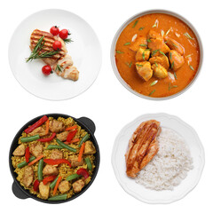 Set of different delicious chicken dishes isolated on white, top view