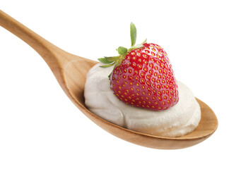 Spoon with delicious yogurt and strawberry isolated on white