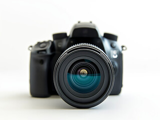 Professional photo camera, close-up view, isolated on white background