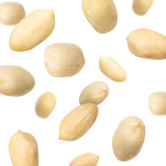 Many peanuts in air on white background