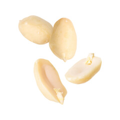 Many peanuts in air on white background
