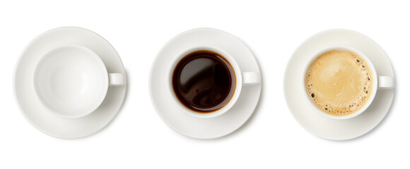 Aromatic coffee in cups isolated on white, top view
