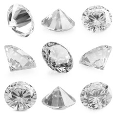 Beautiful dazzling diamonds on white background, set