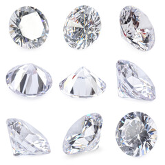 Beautiful dazzling diamonds on white background, set