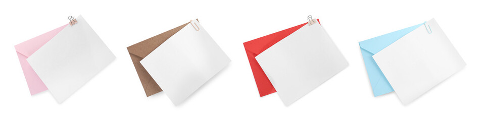 Blank cards with letter envelopes isolated on white, top view
