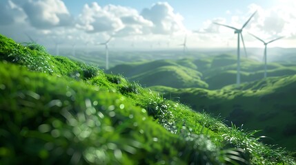 Fresh view of wind turbines on a grassy hill - Powered by Adobe