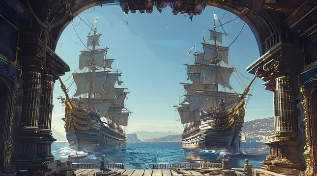 Two pirate ships sailing on the ocean viewed from a balcony at sunset.
 Seamless looping 4k time-lapse virtual video animation background. Generated AI