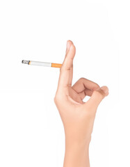 Woman's hand holding cigarette with filter isolated on white background, tobacco industry symbol, smoking culture and gesture, nicotine addiction prevention, public health issue and politics