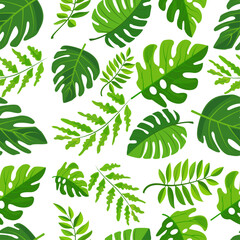 seamless pattern of vibrant green leaves on a white background. Various leaf shapes and sizes create a fresh, natural, and tropical appearance, perfect for eco-friendly or botanical projects