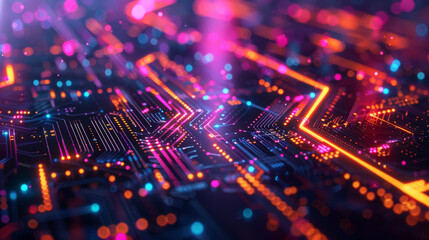 Obraz premium A vibrant and futuristic illustration of a circuit board with glowing lights, showcasing advanced technology and electronics.