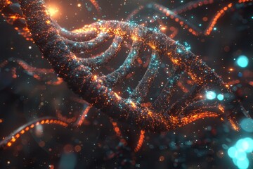 Fiery DNA strands amidst cosmic dust evoke the birth of genetic material in a universe of possibilities