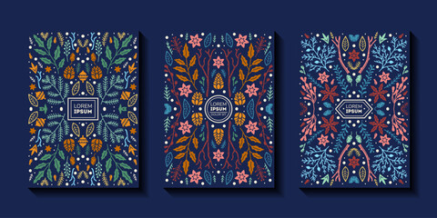 Beautiful flower collection of posters with doodles floral with poinsettia, pine cone, spruce, branch, leaves, floral bouquets, flower compositions. Notebook covers