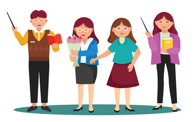Fototapeta premium Set of man and female school teacher in various poses Cartoon flat illustration