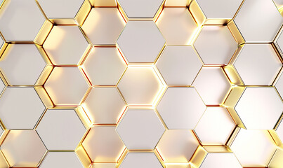 Obraz premium Gold and white hexagonal pattern background. 3D abstract honeycomb pattern of gold and white hexagons, creating a modern and luxurious geometric texture..
