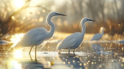 Fresh view of egrets wading in a wetland