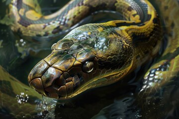 Fototapeta premium Closeup of a serene python's head above water, showcasing its detailed scales