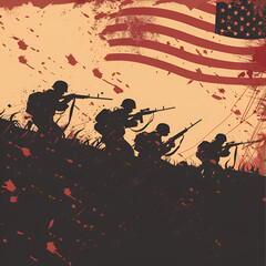 United States flag with soldiers silhouette