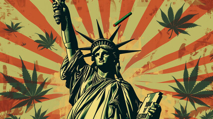 Illustration of the statue of liberty surrounded by marijuana leaves with the sun setting behind it. Background for New York City based cannabis news or advertisement.