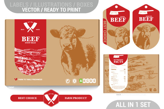 Farm Beef meat packaging design set featuring detailed hand drawn illustrations, accents and informative labels. Perfect for farms, butchers, and supermarkets seeking a high-quality meat 