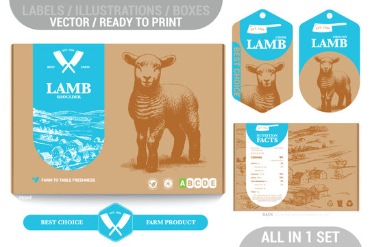 Farm Lamb meat packaging design set featuring detailed hand drawn illustrations, accents and informative labels. Perfect for farms, butchers, and supermarkets seeking a high-quality meat 