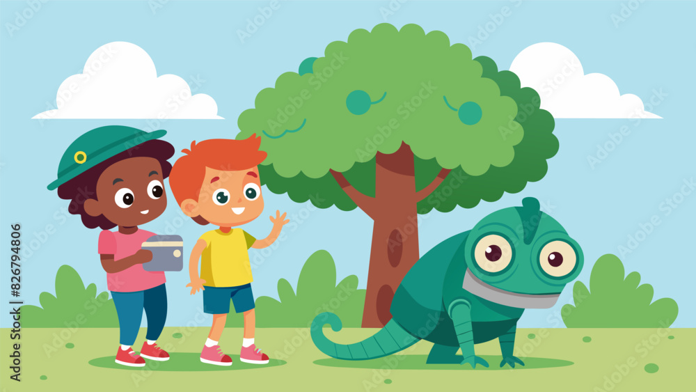 Poster a group of kids playing a game of hide and seek with their robot chameleon marveling at its ability 