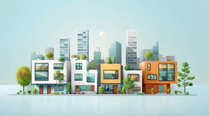 Obraz premium Contemporary residential buildings with a backdrop of a cityscape, showcasing modern architecture and urban living.