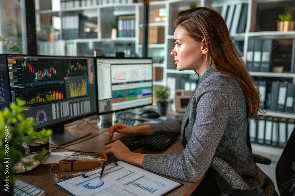 Poster confident businesswoman analyzing financial data on multiple computer screens in a modern office set