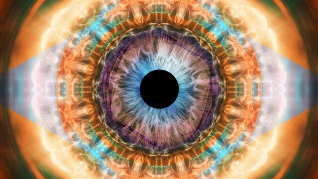 Close-up of a blue human iris with psychedelic multicolored patterns