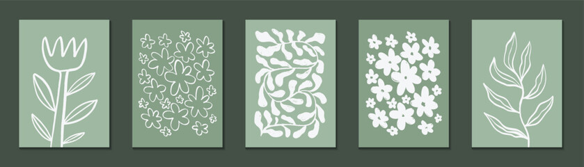A set of stylish botanical abstract prints. Hand-drawn floral designs. Ideal for posters, postcards etc. Vector illustration