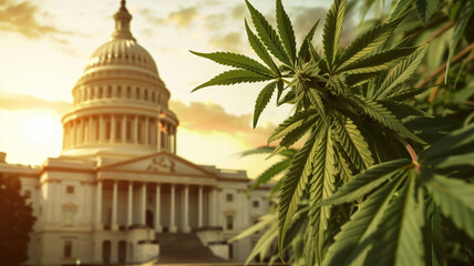 Marijuana plants framing the United State Capitol at sunrise. Background for cannabis legalization news broadcast.