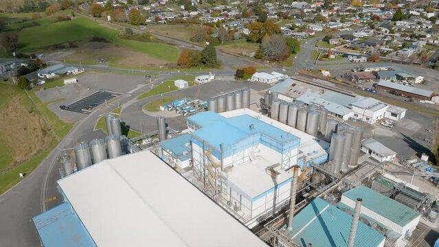 Aerial view of milk processing plant, Tirau, New Zealand