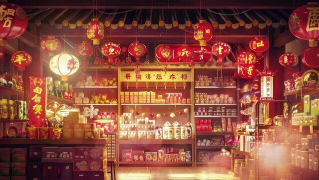store with decorative ornaments and joss paper for celebrating Chinese Lunar New Year, no people, anime style