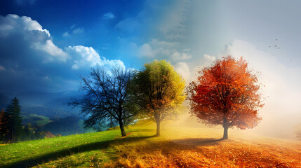 四季折々の美しさ: カラフルな木々を描いた美しいイラスト