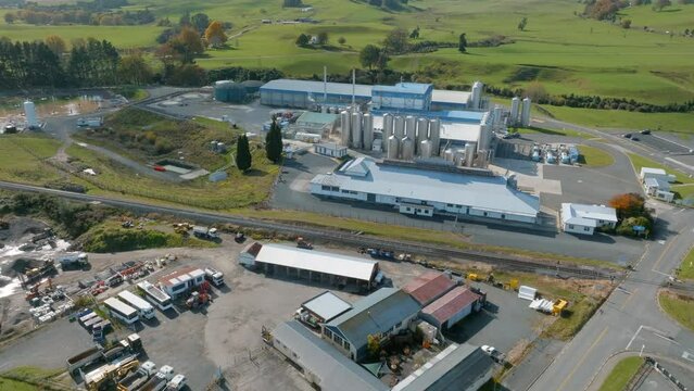 Aerial view of milk processing plant, Tirau, New Zealand