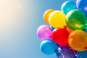 Numerous colorful balloons fly in the bright blue sky at a happy gathering - Powered by Adobe