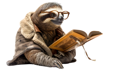 Sloth reading a book isolated on a transparent background, PNG, Ai