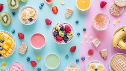 A colorful table with a variety of food and drinks, including a plate of donuts