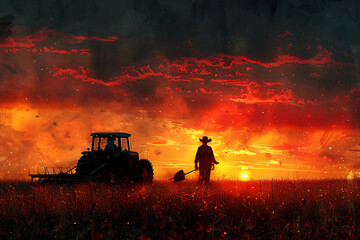 Fototapeta premium Farming at Sunset: Lone Farmer Harvesting Crops