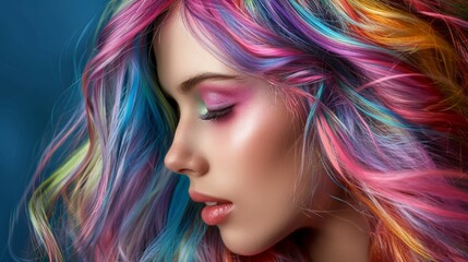 Beauty Fashion Model Girl with Colorful Dyed Hair. Girl with perfect Makeup and Hairstyle. Model with perfect Healthy Dyed Hair. Rainbow Hairstyles