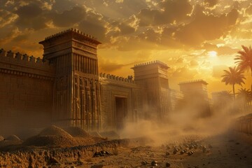 Majestic view of sunlit ancient city walls and gate under a dramatic evening sky