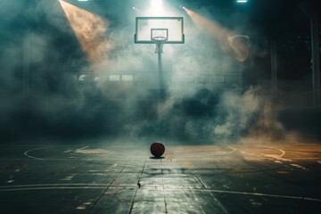 Basketball in fog on empty court under spotlights - Powered by Adobe