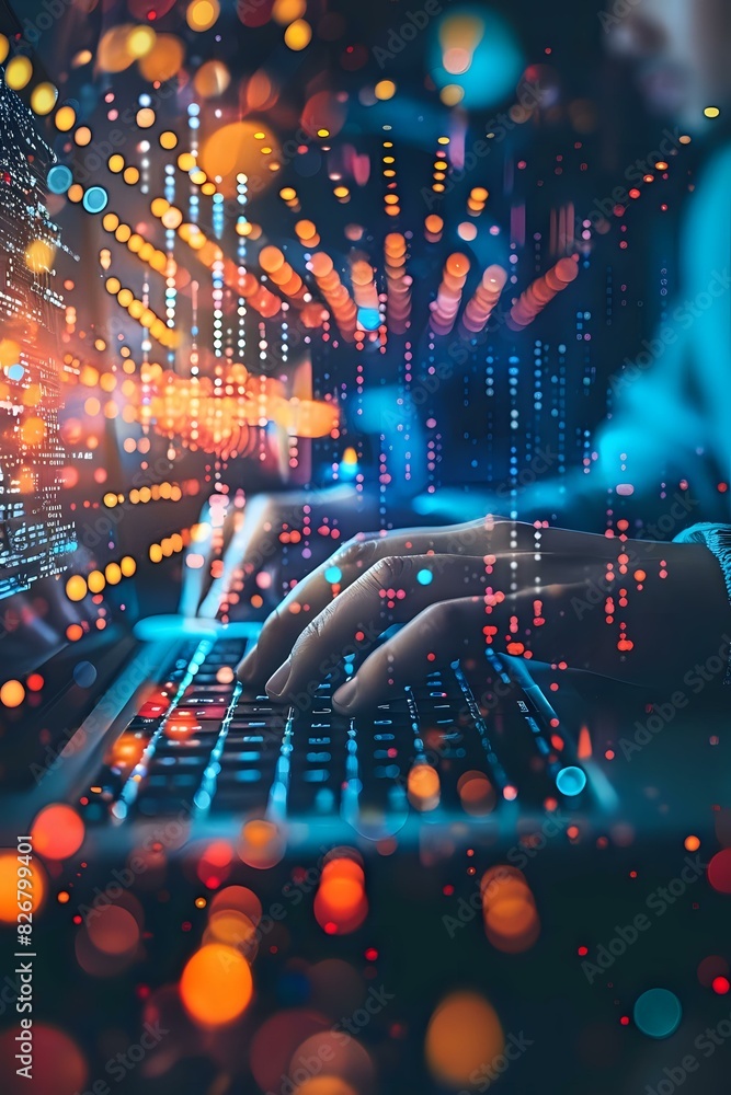 Poster close-up of hands typing on a laptop keyboard with glowing digital network connections and colorful 