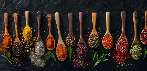 Assorted colorful spices and herbs in wooden spoons on a dark background, showcasing culinary diversity. Perfect for food blogs, cooking magazines, and recipe books.